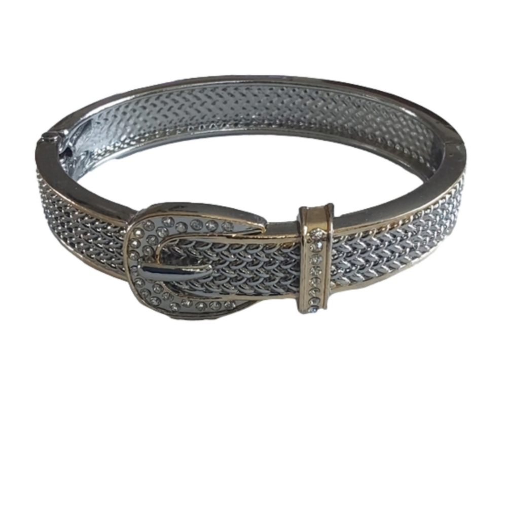 Two Tone Textured 'Buckle' Hinged Bangle Bracelet